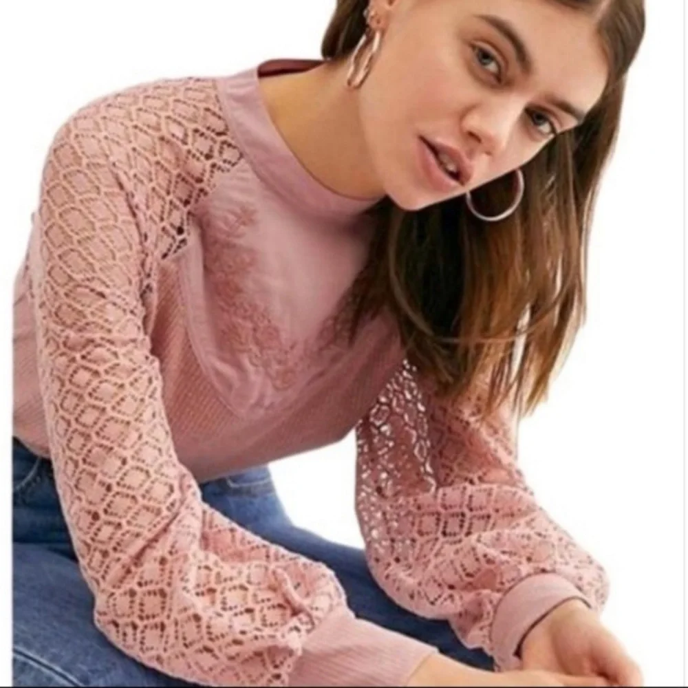 Free People Embroidered Crocheted Thermal High Neck Top